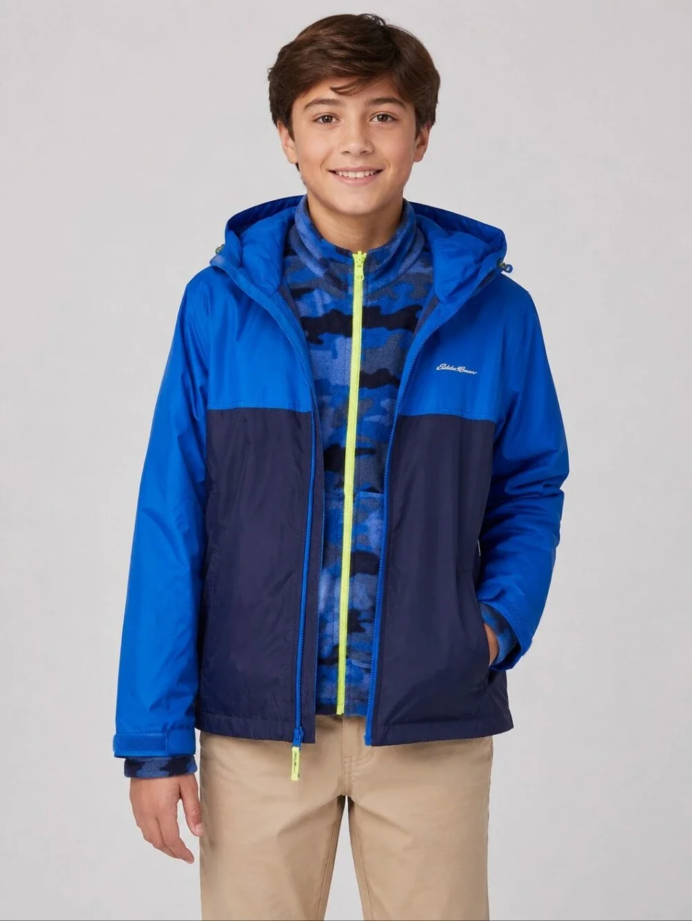 Eddie Bauer Kids XL 16 Blue Camo Fleece Waterproof Hooded Jacket Duo NWOTs